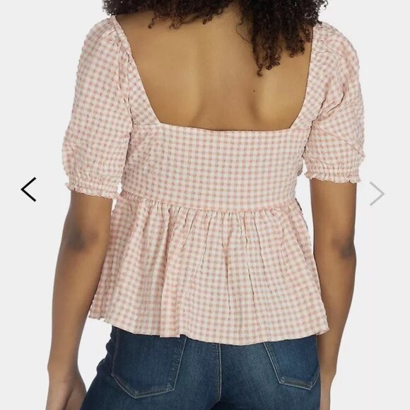 Guess Meri pink White Checkered SEERSUCKER Gingham Blouse M NWT - Picture 4 of 6